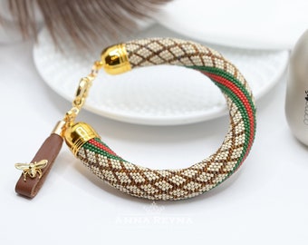 Bead Crochet Bracelet, Beadwork Bracelet, Casual Style, Knitted bracelet, Classic Style, Crochet rope bracelet, Bangle bracelet brown beige