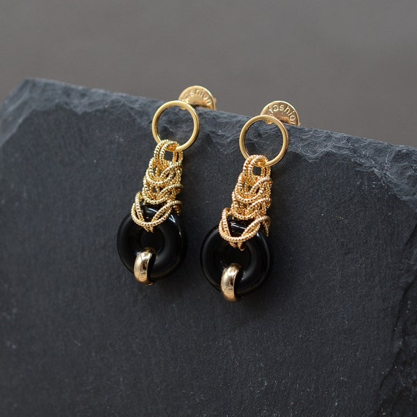 Onyx Ohrringe, Edelstein-Donuts Anhänger Ohrringe, Ohrstecker aus schwarzem Stein, Byzantiner Kettenhemd Anhänger, Onyx Anhänger, Schmuckset