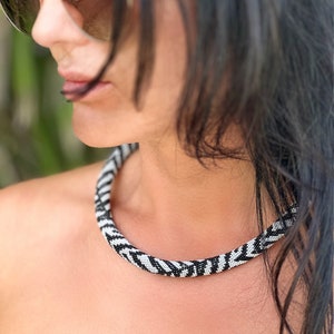 Zebra necklace, Bead Crochet Necklace black and white, Africa necklace, Ethnic jewelry, Zebra print jewelry, Snake necklace, Wild animals image 1