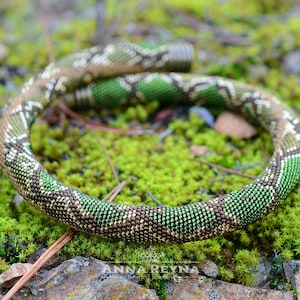 Peut inclure: Un collier de serpent en perles vertes et brunes. Le collier est fait de petites perles et est enroulé en cercle. Le collier est posé sur un lit de mousse verte.