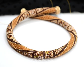 Beaded Crochet Necklace Brown, Geometric Bead Crochet Rope, Multicolour Seed Bead Necklace, Colorful Rope Jewelry, Beaded snake jewelry