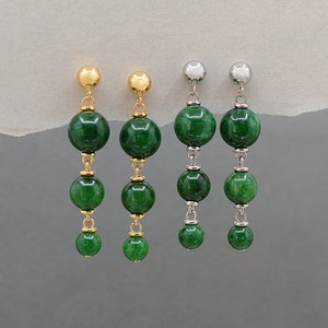 Jade drop earrings, Green Gemstone earrings for woman, Long Green stone Stud earrings, Genuine Nephrite Jade earrings, 18K gold filled, gift