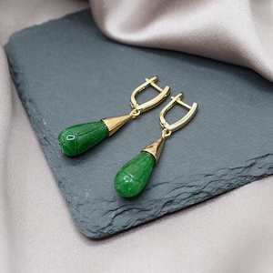 Jade drop earrings, Ladies Gemstone earrings, Long stone Teardrop earrings, Deep green classic earrings, Nephrite Jade, 18K gold filled