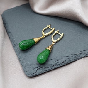 Jade drop earrings, Ladies Gemstone earrings, Long stone Teardrop earrings, Deep green classic earrings, Nephrite Jade, 18K gold filled