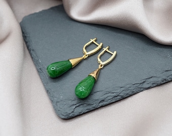 Jade drop earrings, Ladies Gemstone earrings, Long stone Teardrop earrings, Deep green classic earrings, Nephrite Jade, 18K gold filled