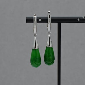 Silver Jade earrings, Jade drop earrings, Ladies Gemstone earrings, Long stone Teardrop earrings, Deep green classic earrings, Nephrite Jade