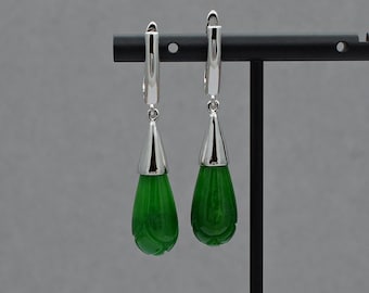 Pendientes de jade plateado, pendientes colgantes de jade, pendientes de piedras preciosas para mujer, pendientes largos de lágrima con piedra, pendientes clásicos de color verde intenso, jade nefrita