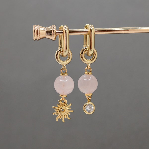 Madagascar Rose quartz earrings, Rose earrings, Sun earrings, Huggie Hoop Earrings, Aesthetic earrings, Cool earrings, Gift for her