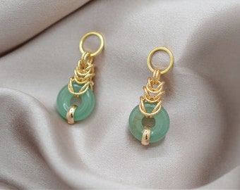 Jade gold earrings, Green gemstone stud earrings, Jade Donuts pendant earrings, Byzantine chainmail earrings, Nephrite Jade drop earrings