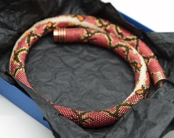 Snake necklace choker, dragon necklace, snake accessories, red seed bead necklace, realistic snake, animal necklace, burgundy snake skin