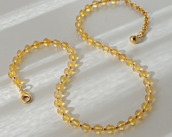 Collar de citrino en oro, Collar corto, Collar de cuentas de cuarzo amarillo, Collar de piedras preciosas ajustable, Piedra preciosa curativa, Piedras de nacimiento de noviembre