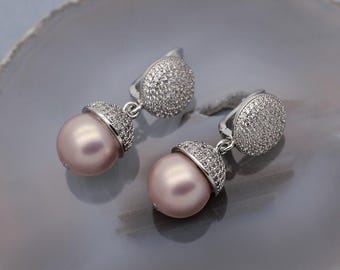 Blush Pink Pearl earrings dangle, Elegant earrings, Pink shell pearl earrings, Bridal earrings, Cubic zirconia Silver earring, gift for her