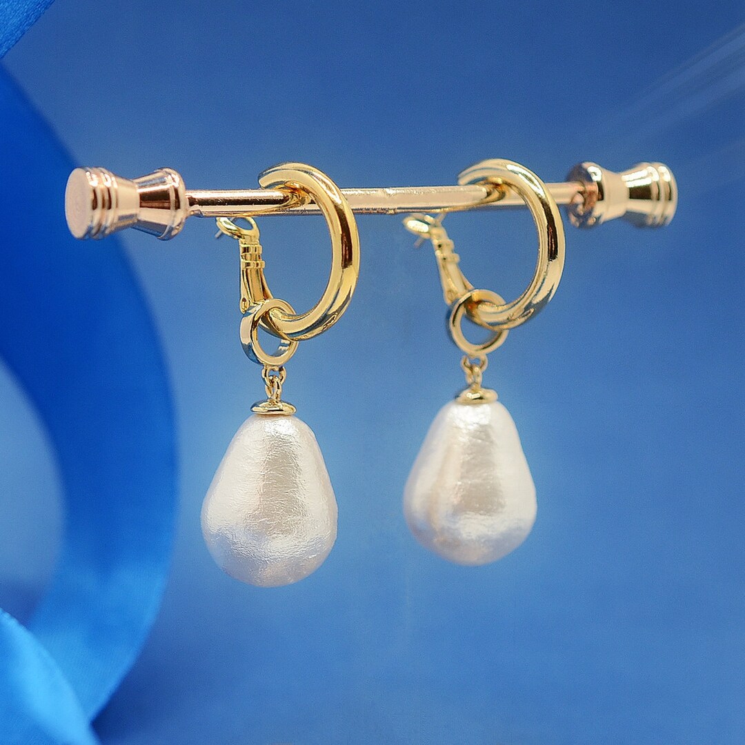 White Pearl Hoop Earrings Large Cotton Pearl Drop Earrings Etsy