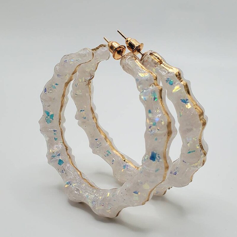 Beige - Handcrafted Bamboo Hoop Earrings with Beads