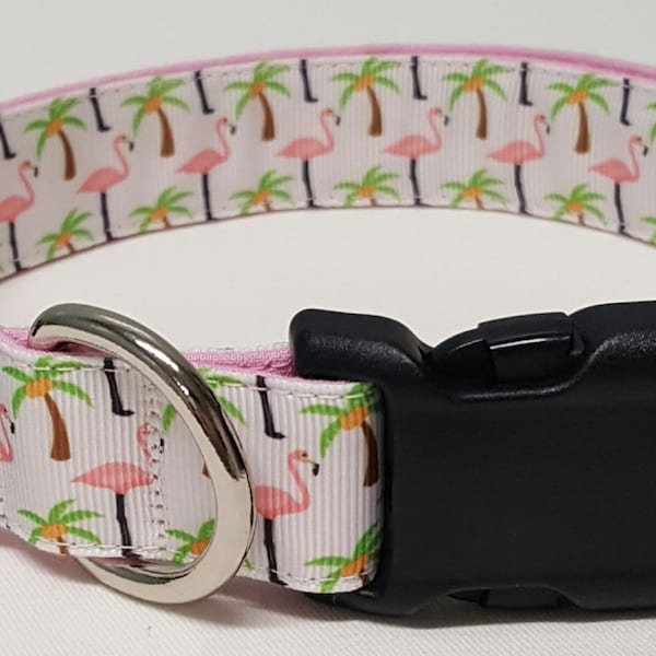 dog collar, flamingos and palm trees, flamingo dog collar, palm tree dog collar, flamingos, palm trees, flamingo collar, palm tree collar