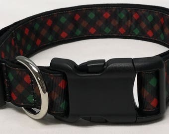 Dog Collar, Red Green Plaid, Christmas Plaid, Xmas plaid, Holiday plaid