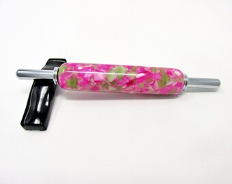 Handmade Double Needle Threader – Watermelon Flake Acrylic Acetate with Chrome Hardware – For Hand & Machine Needles – Sewing Gift