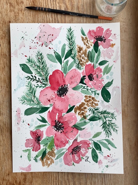ORIGINAL Loose Watercolor Floral Painting, flowers, botanical art,  Christmas bouquet, red, holiday decor