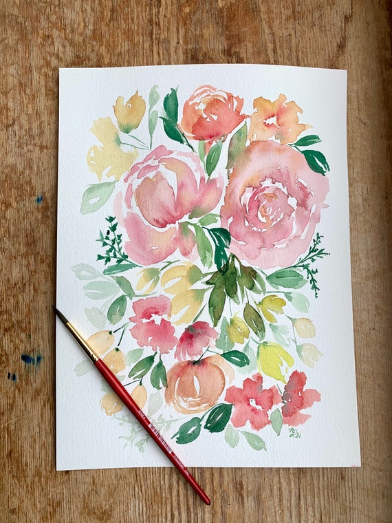 ORIGINAL Watercolor Floral Painting, Loose, Bouquet Flowers, Roses, Pink,  Peach, Peonies, Nursery, Bedroom, Spring, Boho, Farmhouse, Calming 