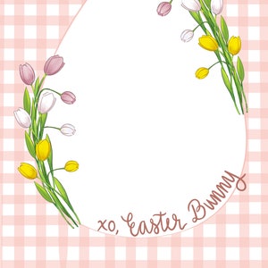 Papelería de conejo de Pascua con cuadros vichy rosas y tulipanes / Plantilla de carta del conejo de Pascua / Descarga digital