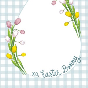 Papelería de último minuto del conejito de Pascua Blue Gingham and Tulips / Carta de la plantilla del conejito de Pascua / Descarga digital