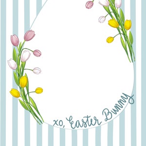 Papelería de conejo de Pascua con rayas azules y tulipanes / Plantilla de carta del conejo de Pascua / Descarga digital