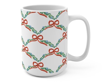 Evergreen Trellis Garland Mug, Christmas Bow, Holiday Coffee Cup