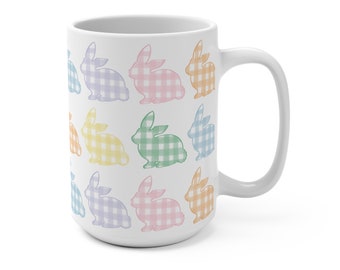 Gingham Easter Bunny Mug: Preppy Pastel Bunnies, 15 oz