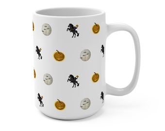 Halloween Mug Headless Horseman Sleepy Hollow Moons and Pumpkins, Scary Story Gift for Halloween