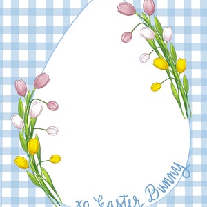 Carta de conejito de Pascua con cuadros azules y tulipanes / Plantilla de carta del conejito de Pascua / Descarga digital