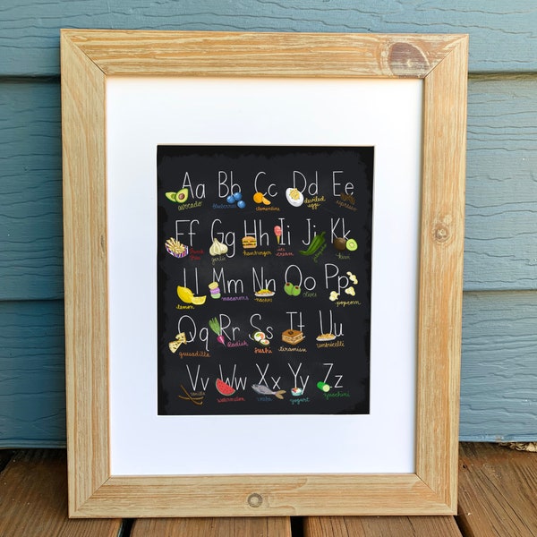 Play Kitchen Alphabet Print, Playroom Artwork, Food art, Kitchen Art, Nursery Art, Playroom decor foodie | Chalkboard art for kids