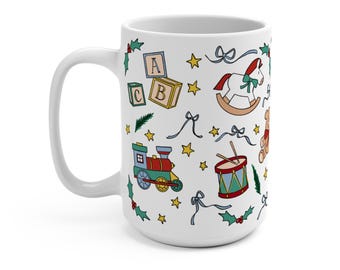 Christmas Toyland Mug, Vintage Teddy Bear, Train, Rocking Horse