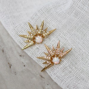 Opal Sun Starburst Cosmic Statement Earrings Gold Silver Polaris North Star Crystal Studs Stacking Wedding Bridesmaid Gift Christmas Present