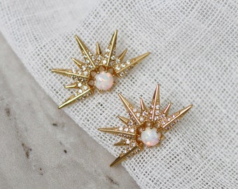 Opal Sun Starburst Cosmic Statement Earrings Gold Silver Polaris North Star Crystal Studs Stacking Wedding Bridesmaid Gift Christmas Present