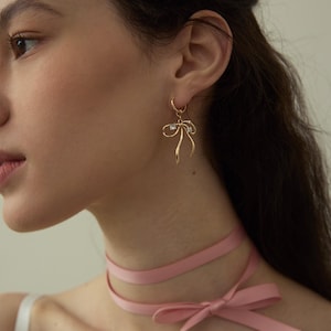 Gold Ribbon Bow Earrings Hoops huggies, Christmas present gift coquette ballerina festive holiday party evening statement stacking studs