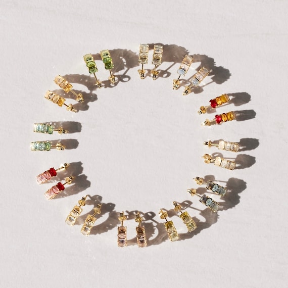 Birthstone Earrings Hoops Huggies Garnet Amethyst Aquamarine Diamond Emerald Moonstone Ruby Peridot Sapphire Opal Citrine Blue Zircon Studs