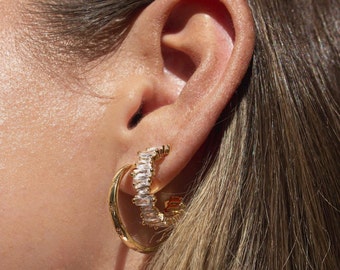 Sterling Silver 14k Yellow Gold Vermeil Baguette earring hoops, statement stacking minimal elegant bridal earrings, crystal gemstone present