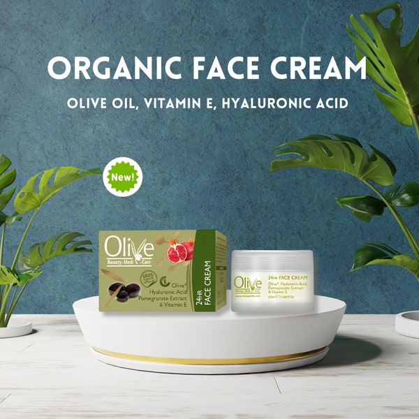 Olive Oil Face Cream with Vitamin E, Hyaluronic Acid, Pomegranate Extract - 50ml Anti-Aging Moisturizer