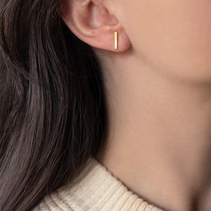 Peut inclure: Une petite boucle d'oreille à tige en forme de barre dorée verticale portée au lobe de l'oreille. La boucle présente un design rectangulaire simple et poli aux bords arrondis, positionné verticalement contre la peau de l'oreille.