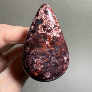 以下が含まれることがあります： 赤、白、黒の複雑な模様が施された、涙の形をした研磨された石。石は光沢のある仕上がりで、手で持たれています。全体的な外観は、天然の宝石または装飾品を示唆しています。