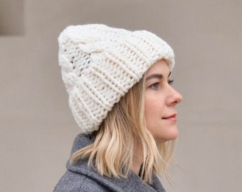 Chunky handmade cable knit beanie hat for women men, giant knitted cap, oversized minimal head warmer, winter clothing, couple Christmas