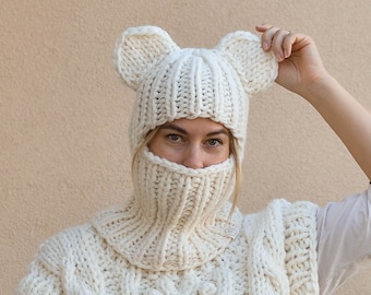 Funny hand knitted wool balaclava hoodie with ears for women, unisex minimal helmet, ski face mask, chunky hat, sustainable fall clothing