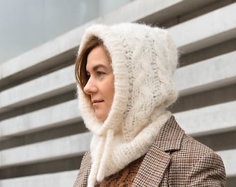 Wool balaclava hood, cable knit balaclava for woman, warm alpaca helmet, winter accessory, fluffy valentine&#39;s day gift