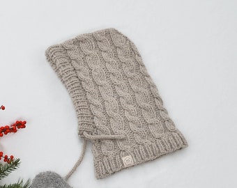 Cable knit handmade alpaca wool balaclava hat for women men, chunky helmet, oversized fall hood, head neck warmer, unisex winter clothing