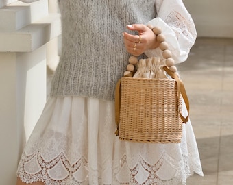 Wicker bucket basket with wooden handle, straw handbag bag, summer purse, beach tote