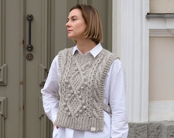 Cable hand knit alpaca wool sweater vest for women, chunky handmade waistcoat, oversized gilet, minimal clothing, Christmas present for her