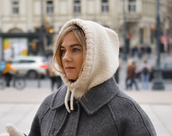 Handmade chunky wool balaclava helmet for women men, knitted oversized cozy hood, warm slouchy hat, unisex winter clothing, skiing mask