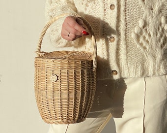 Jane Birkin basket with lid, wicker straw bag, summer beach purse, Daisy