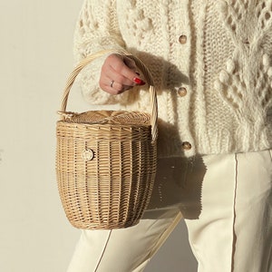 Jane Birkin basket with lid, wicker straw bag, summer beach purse, Daisy