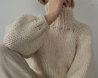 Chunky hand knit oversized turtleneck wool sweater, handmade cream jumper, sustainable fall clothing, minimalist winter pullover for her